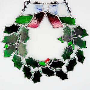 Handmade Vintage 12" Stained Glass Christmas Holiday Wreath Green/Red Decor